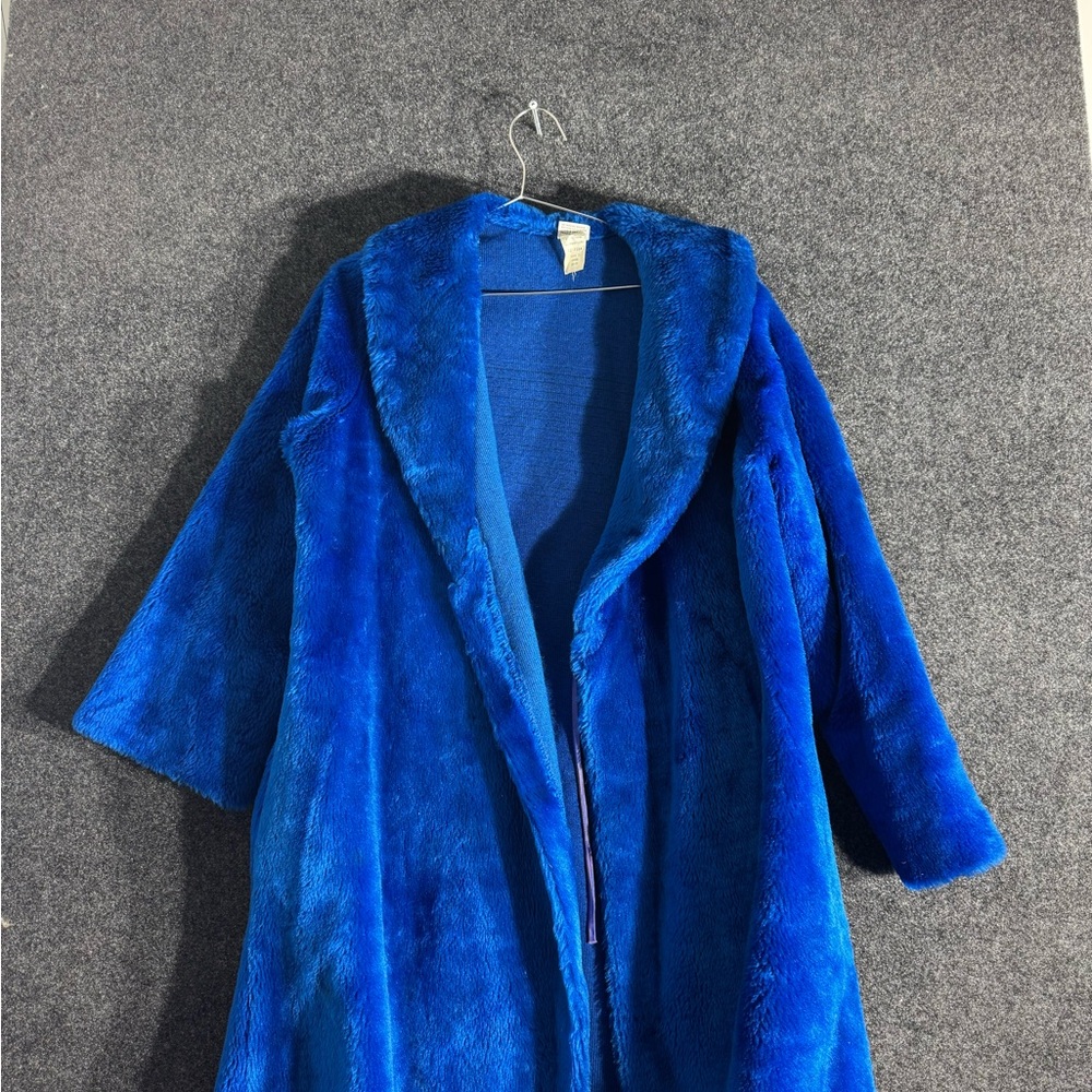 Montgomery Ward Faux Fur Robe Women’s L Blue 1970s Made in USA Vintage